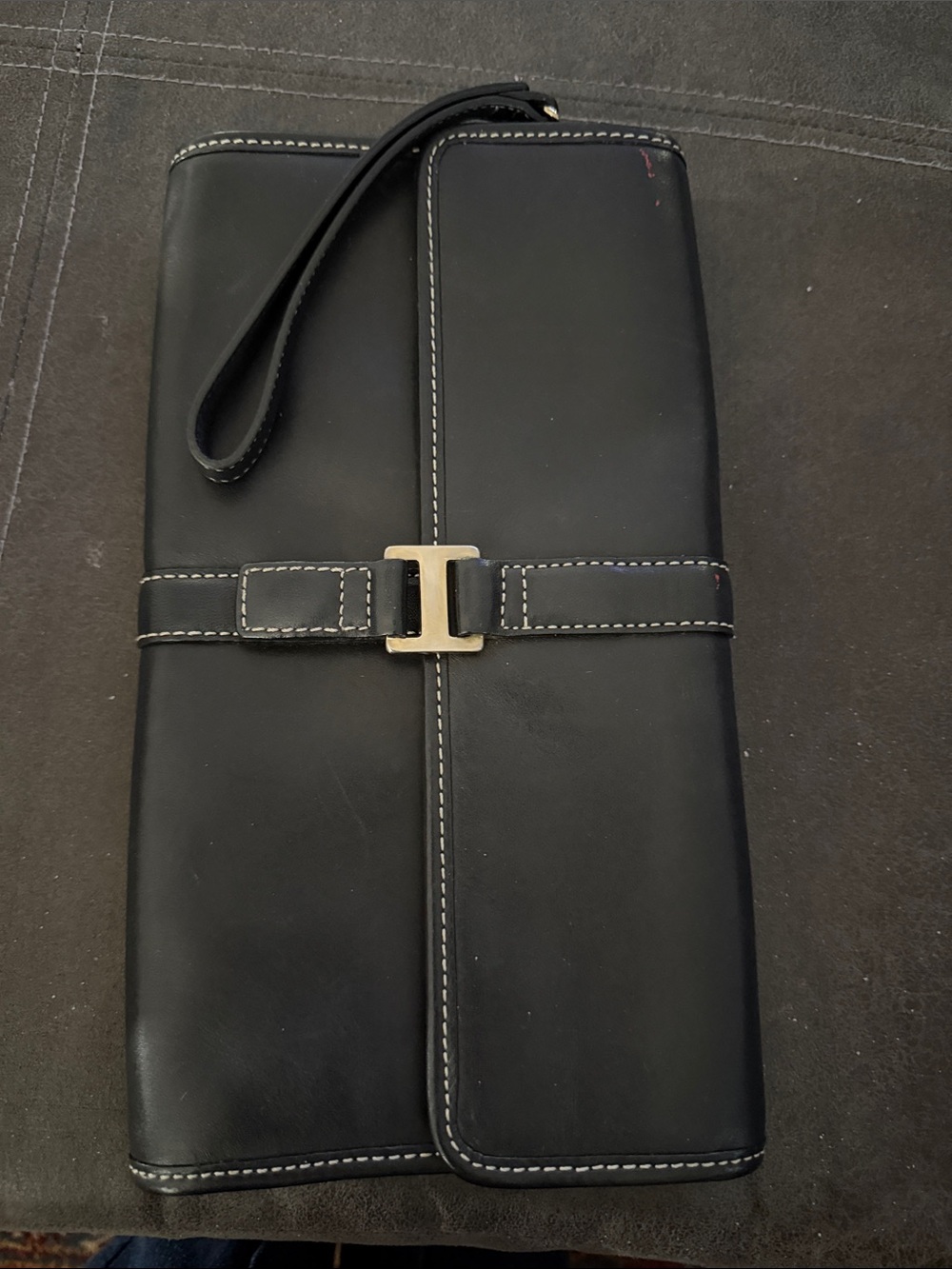 Talbots Black Leather Wristlet Clutch with Silver Buckle